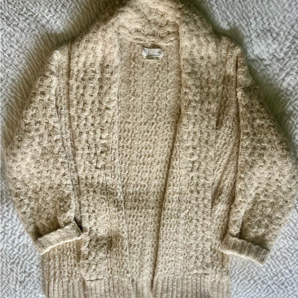 Anthropologie Ivory Chunky Knit Cardigan Textured Cozy Sweater XL